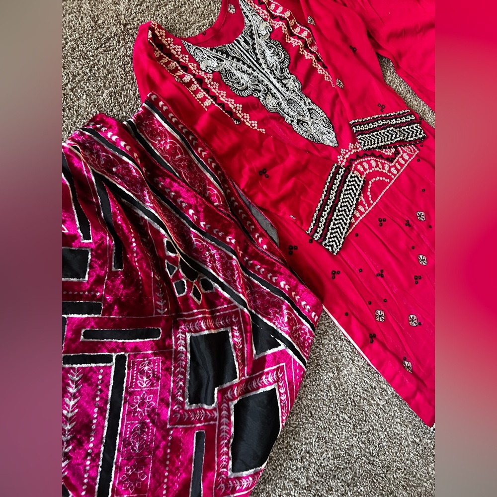 Pakistani Indian dress embroidered with velvet shawl